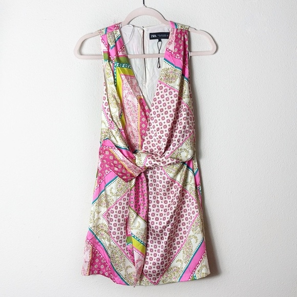 Zara Printed V-Neck Mini Dress Tie  Pink Green size M - Picture 3 of 12